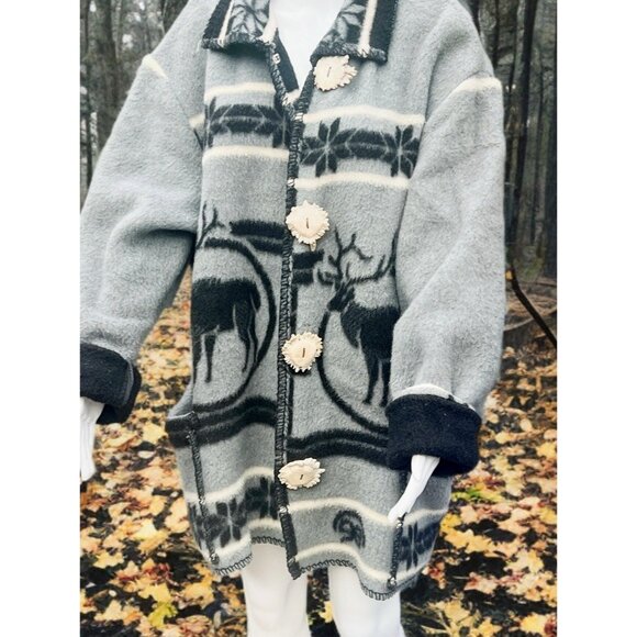 Handmade Buffalo Run Designs Jackets & Blazers - Vintage Gray Wool Button-Up Jacket With Black Reindeer & Snowflake Design Handma
